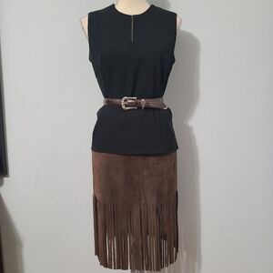 Laundry by‎ Shelli Segal Dark Brown 100% Suede Fringe Bottom Skirt NWT Size 2